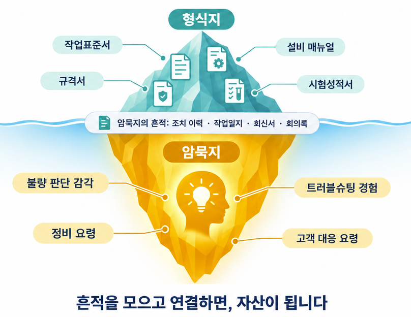 형식지와 암묵지 빙산 구조 - 흔적을 모으고 연결하면 자산이 됩니다